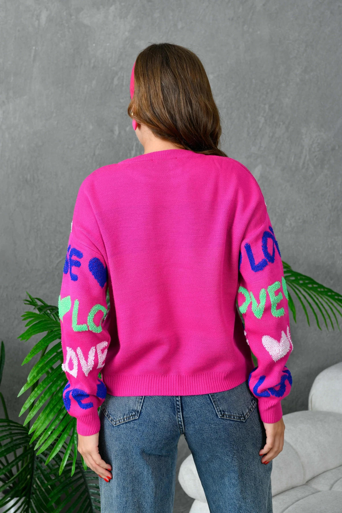 Kadın Bisiklet Yaka Love Örgü Desenli Havlu Kumaş Triko Kazak 10469