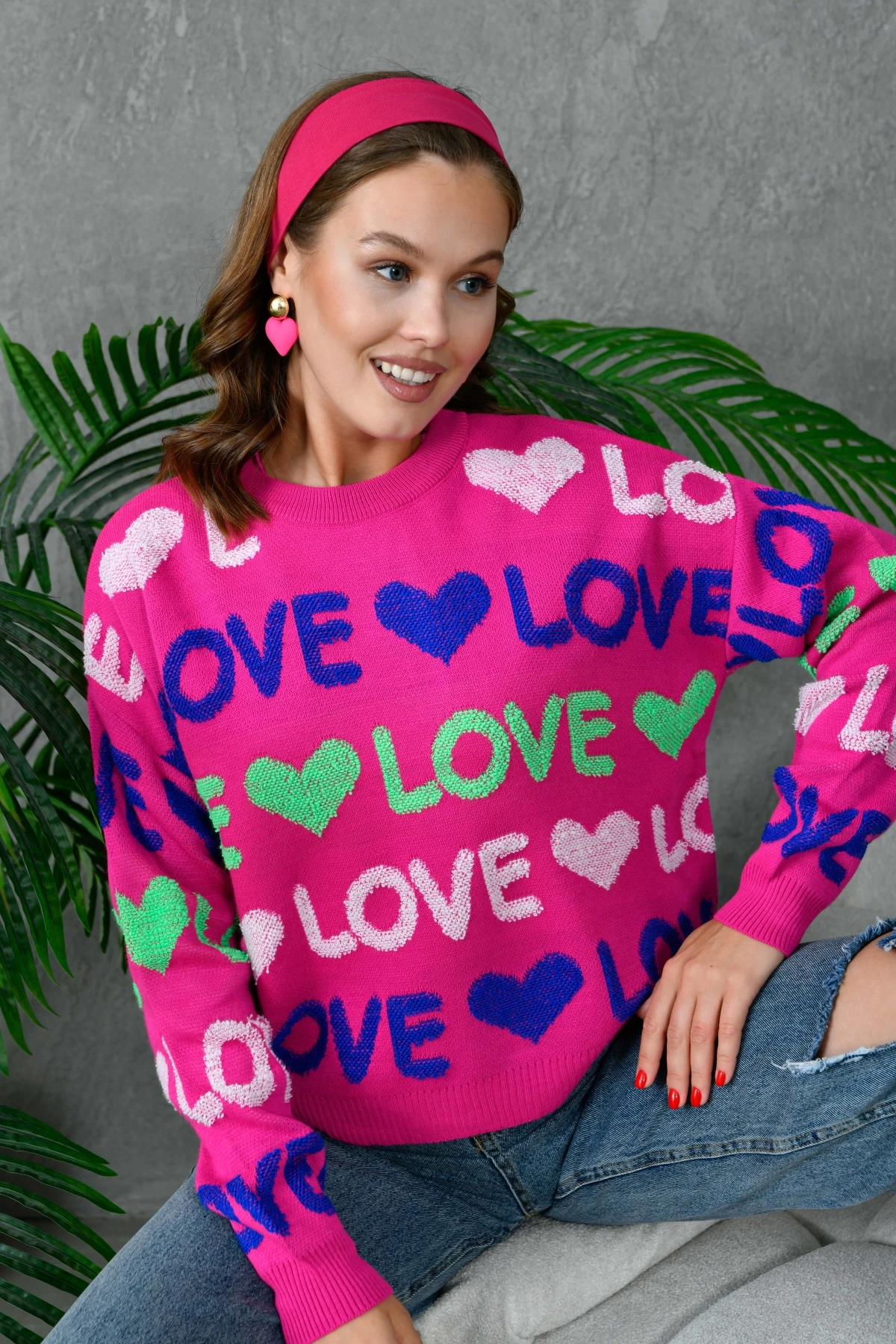 Kadın Bisiklet Yaka Love Örgü Desenli Havlu Kumaş Triko Kazak 10469