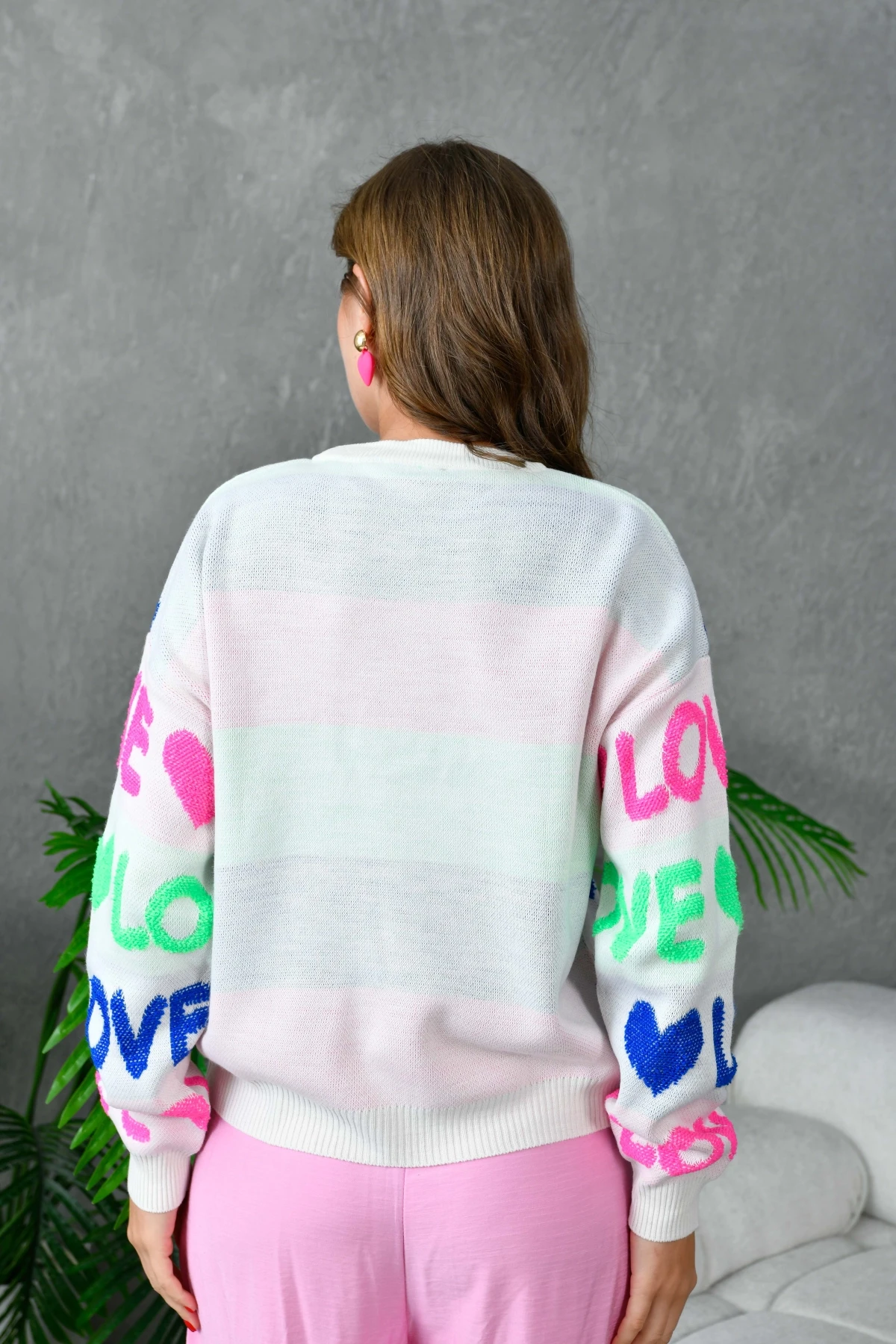 Kadın Bisiklet Yaka Love Örgü Desenli Havlu Kumaş Triko Kazak 10469