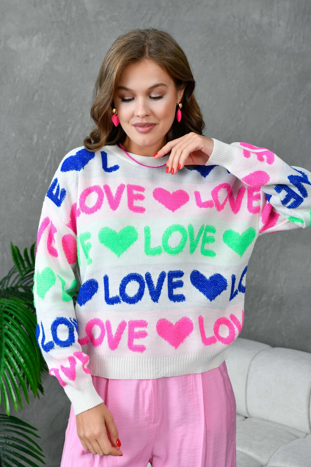 Kadın Bisiklet Yaka Love Örgü Desenli Havlu Kumaş Triko Kazak 10469