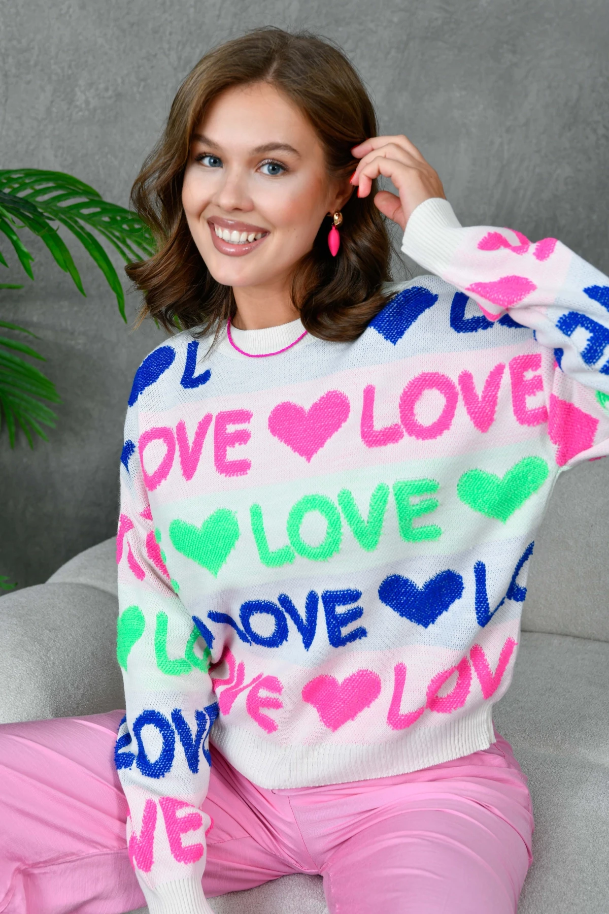 Kadın Bisiklet Yaka Love Örgü Desenli Havlu Kumaş Triko Kazak 10469