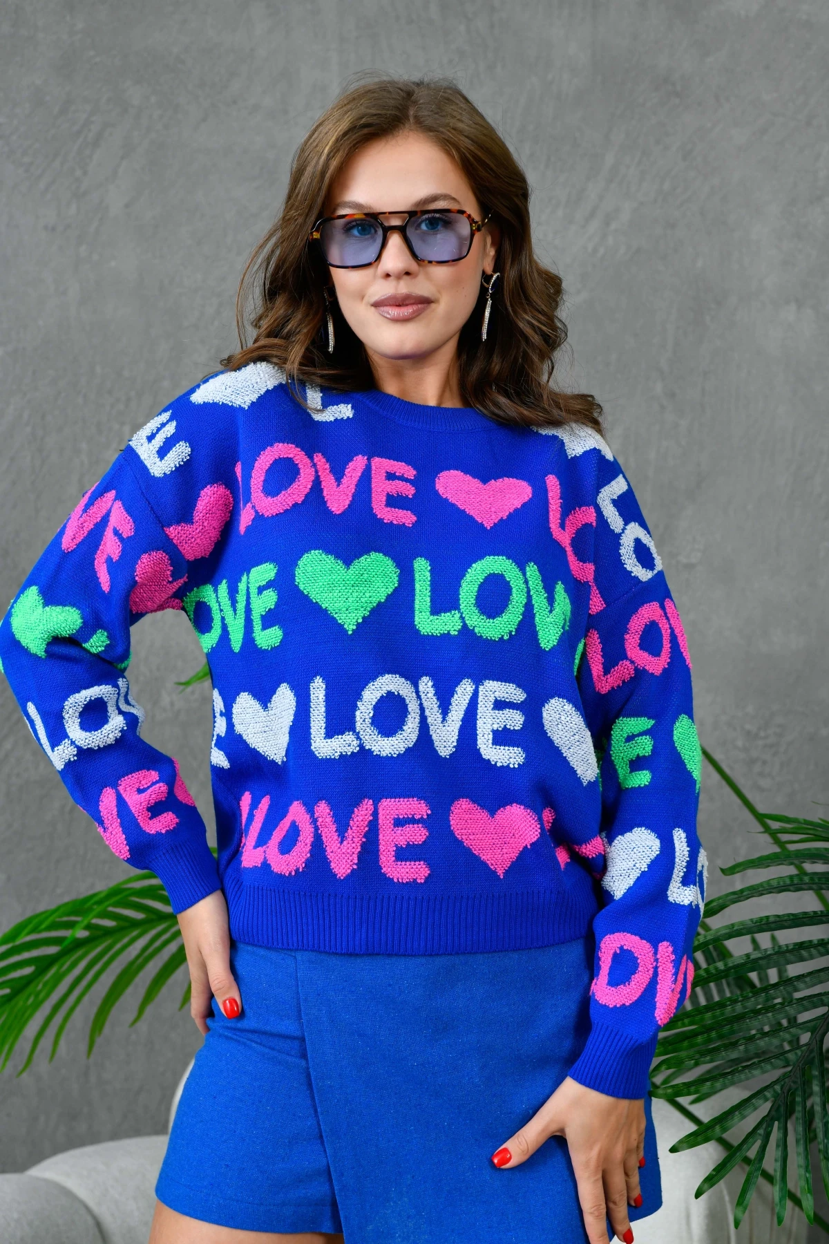 Kadın Bisiklet Yaka Love Örgü Desenli Havlu Kumaş Triko Kazak 10469