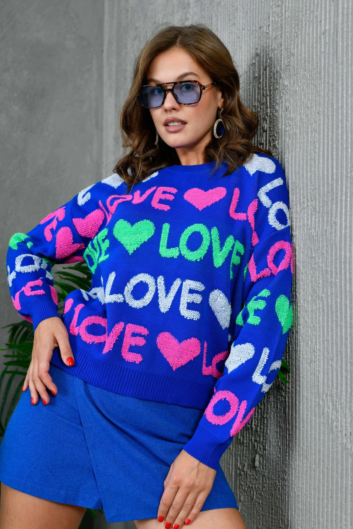 Kadın Bisiklet Yaka Love Örgü Desenli Havlu Kumaş Triko Kazak 10469