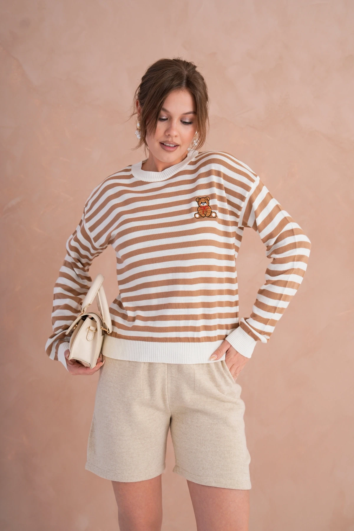 Kadın Bisiklet Yaka Nakış Detay Çizgili Triko Kazak