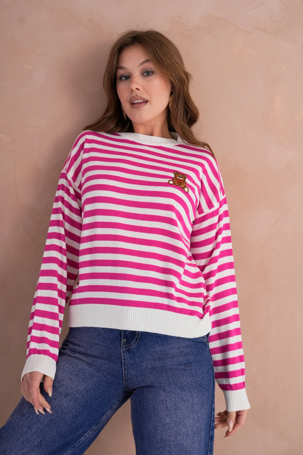 Kadın Bisiklet Yaka Nakış Detay Çizgili Triko Kazak