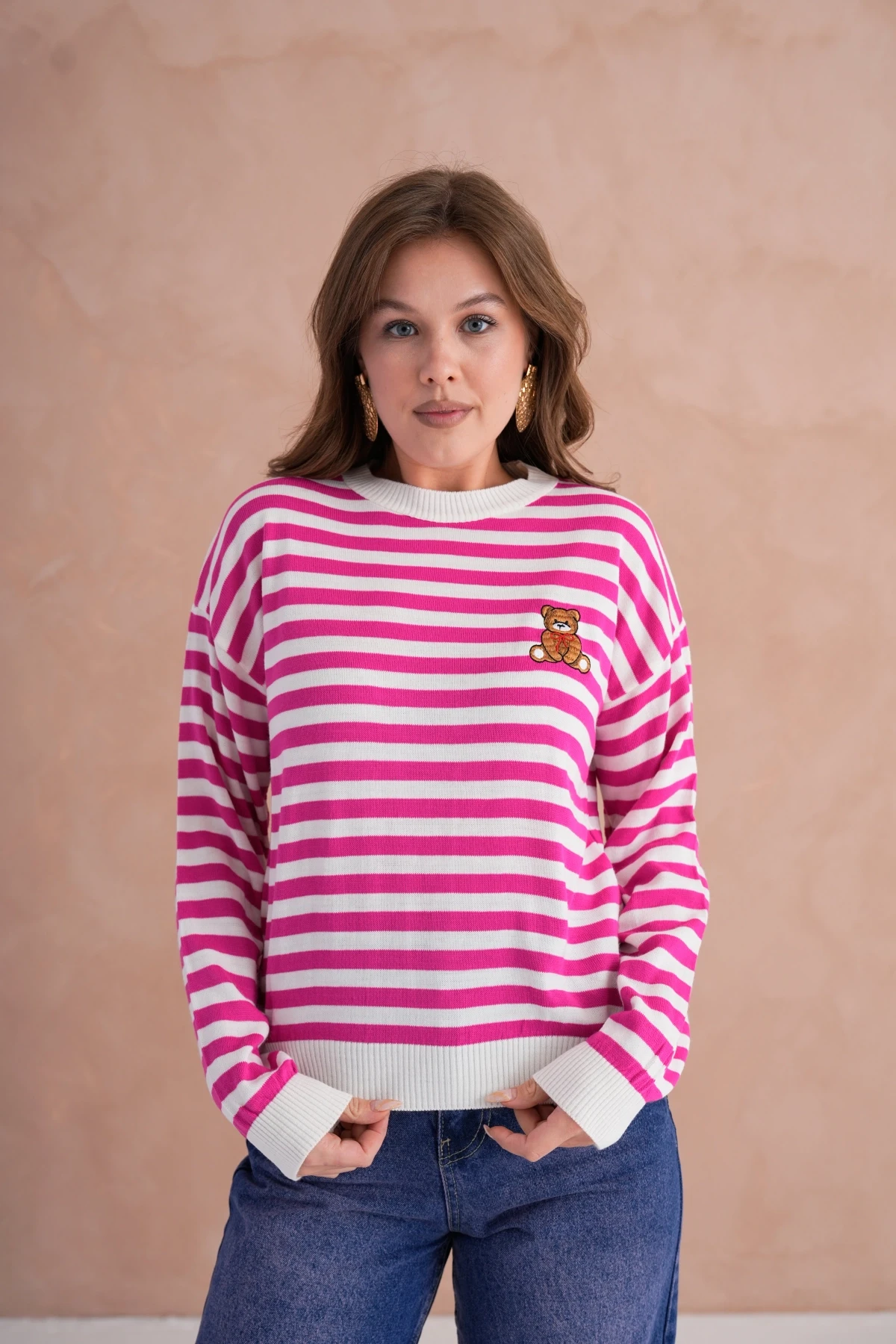 Kadın Bisiklet Yaka Nakış Detay Çizgili Triko Kazak