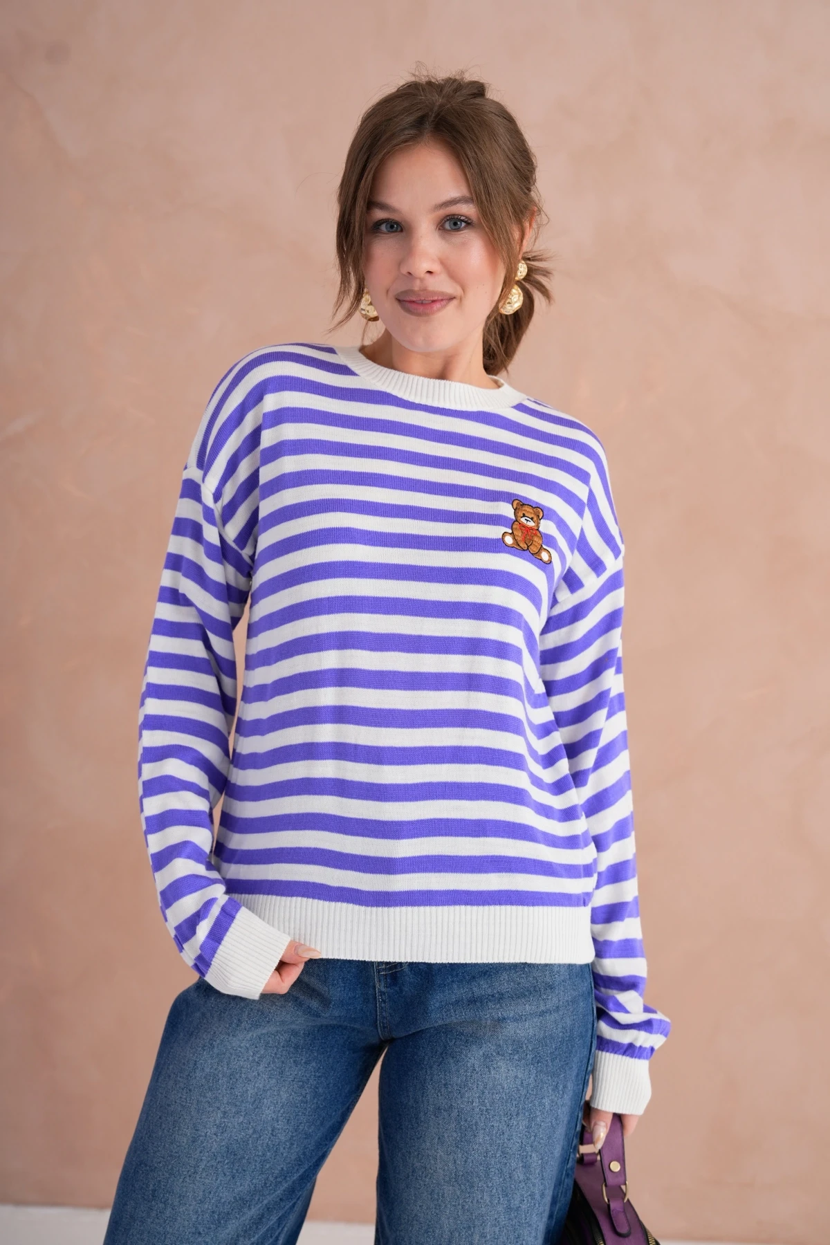 Kadın Bisiklet Yaka Nakış Detay Çizgili Triko Kazak