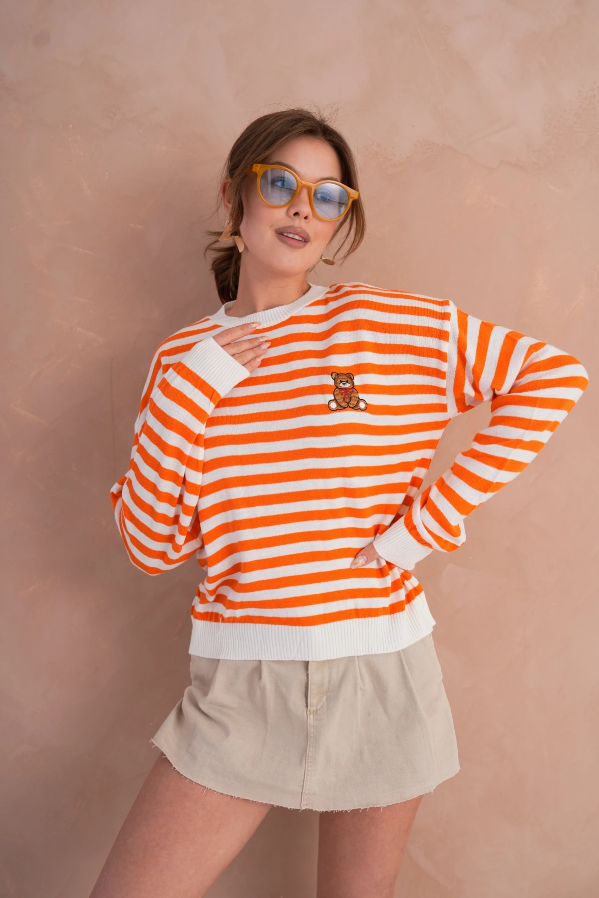 Kadın Bisiklet Yaka Nakış Detay Çizgili Triko Kazak