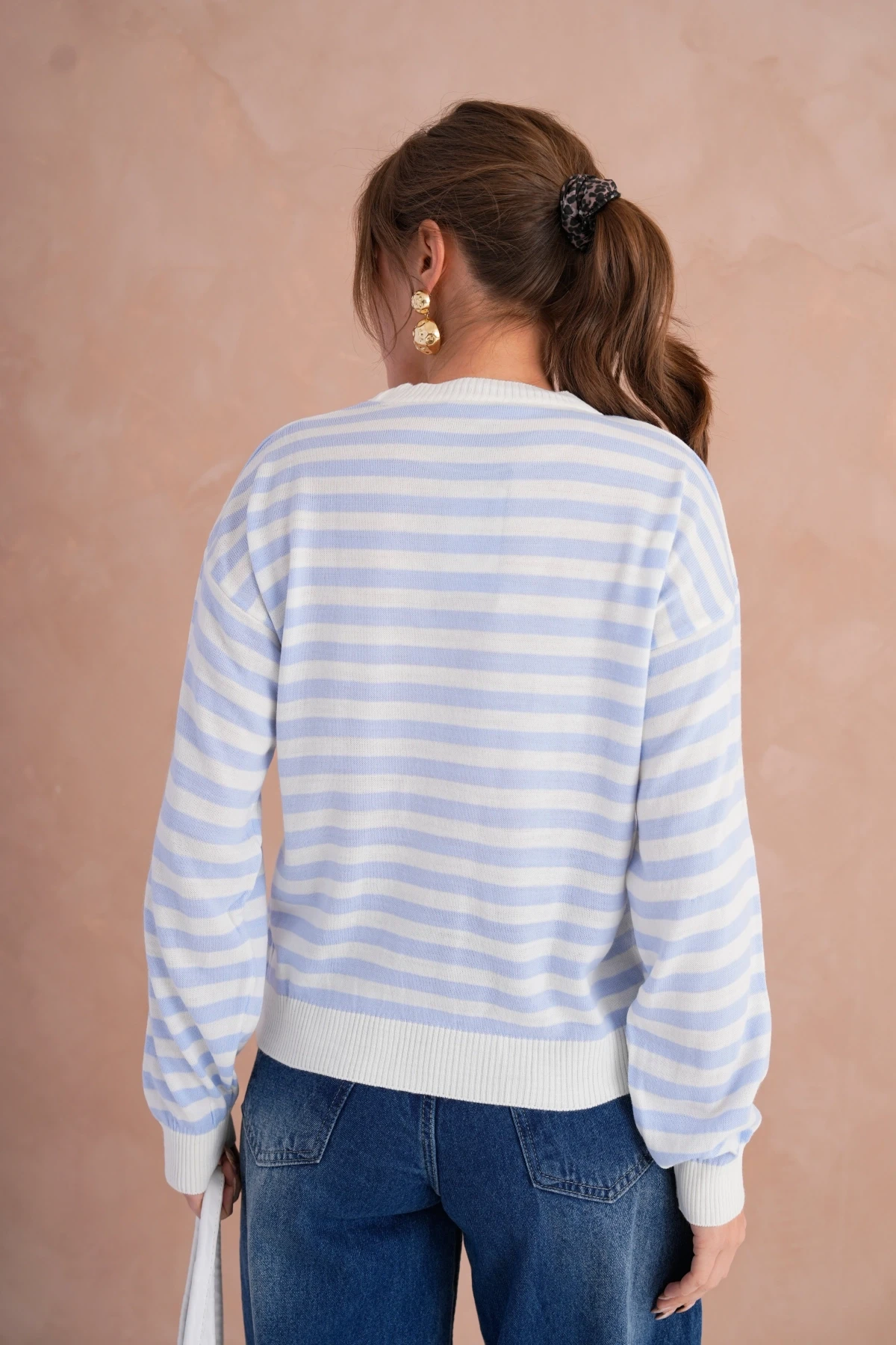 Kadın Bisiklet Yaka Nakış Detay Çizgili Triko Kazak