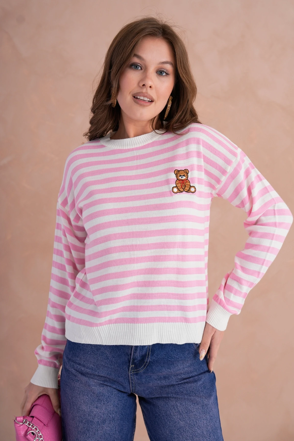 Kadın Bisiklet Yaka Nakış Detay Çizgili Triko Kazak