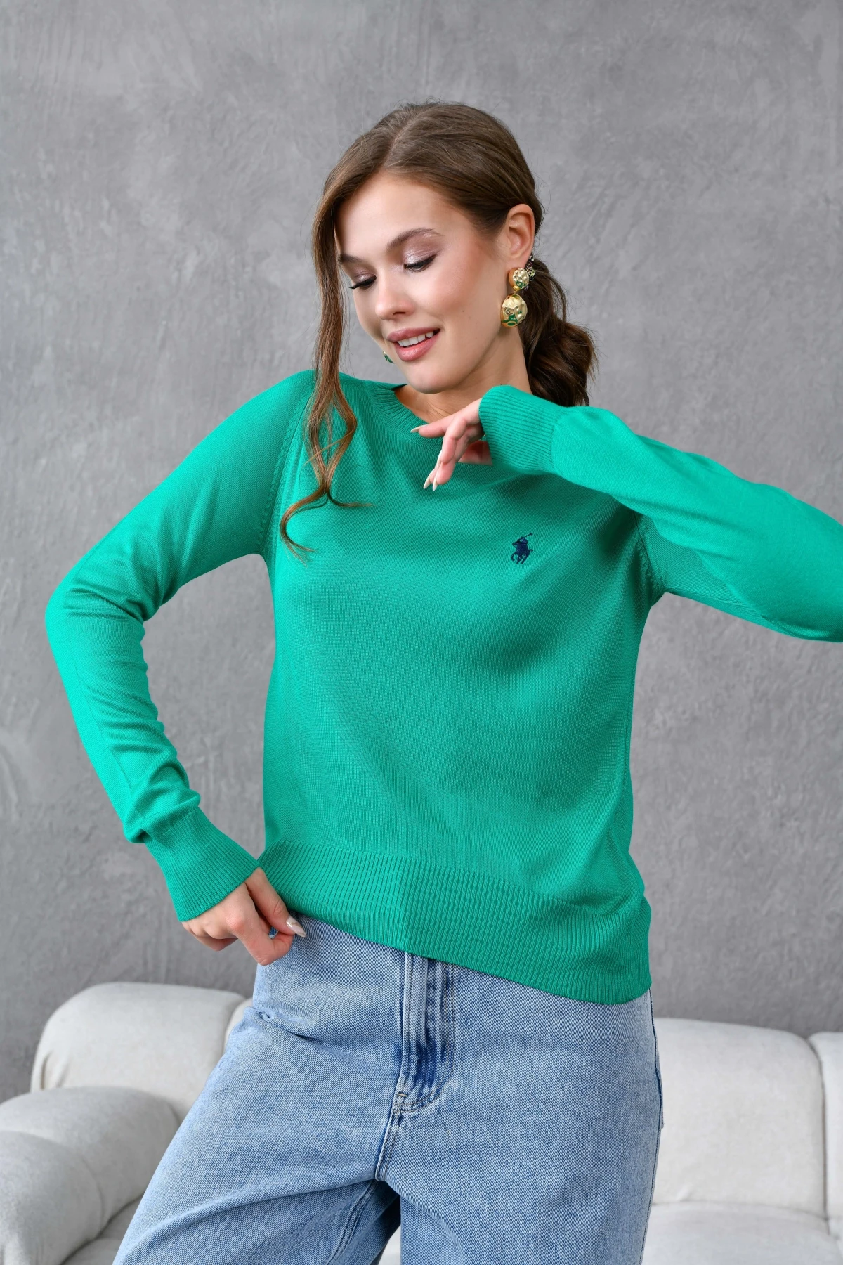 Kadın Bisiklet Yaka Nakış İşlemeli  Çizgili Triko Kazak 10285.Vsc