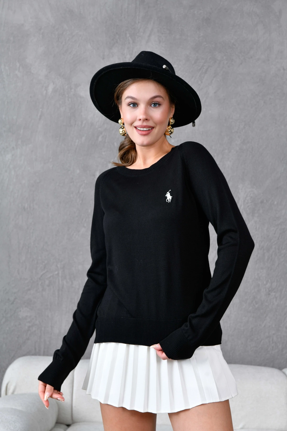 Kadın Bisiklet Yaka Nakış İşlemeli  Çizgili Triko Kazak 10285.Vsc