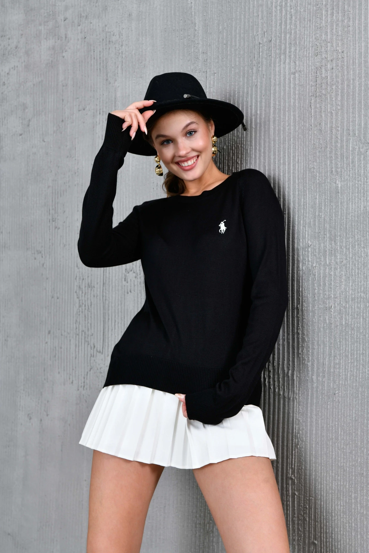 Kadın Bisiklet Yaka Nakış İşlemeli  Çizgili Triko Kazak 10285.Vsc