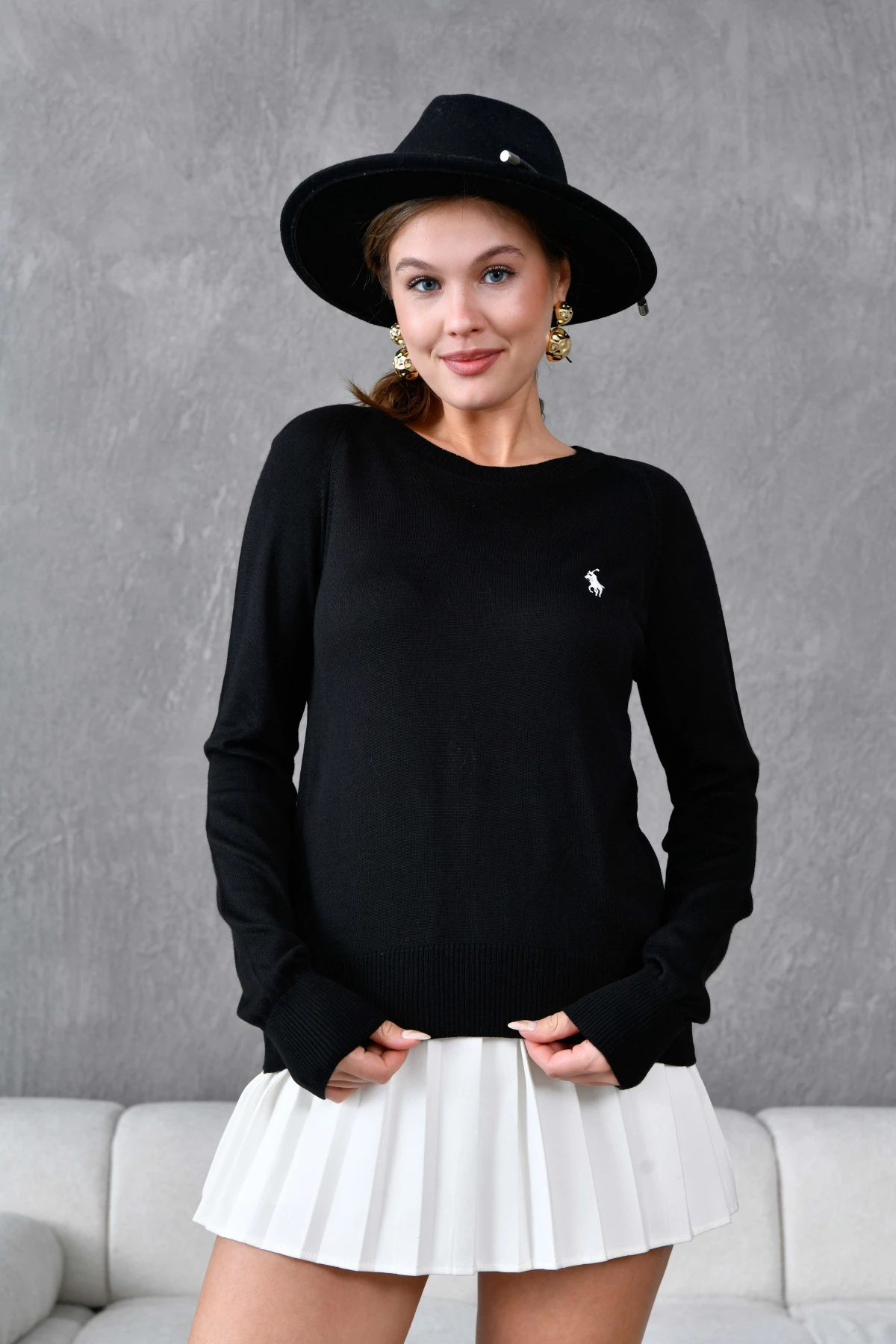 Kadın Bisiklet Yaka Nakış İşlemeli  Çizgili Triko Kazak 10285.Vsc