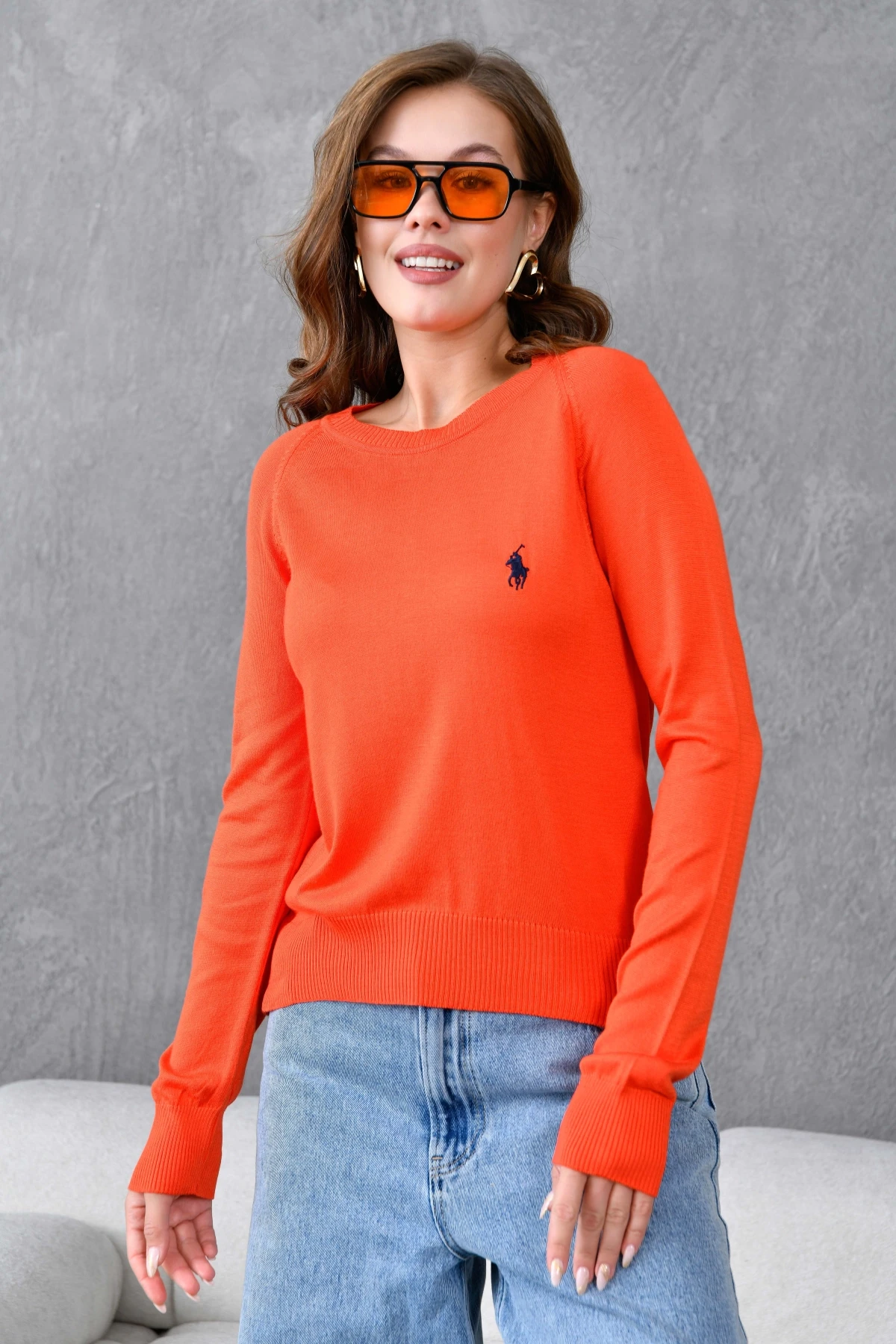 Kadın Bisiklet Yaka Nakış İşlemeli  Çizgili Triko Kazak 10285.Vsc