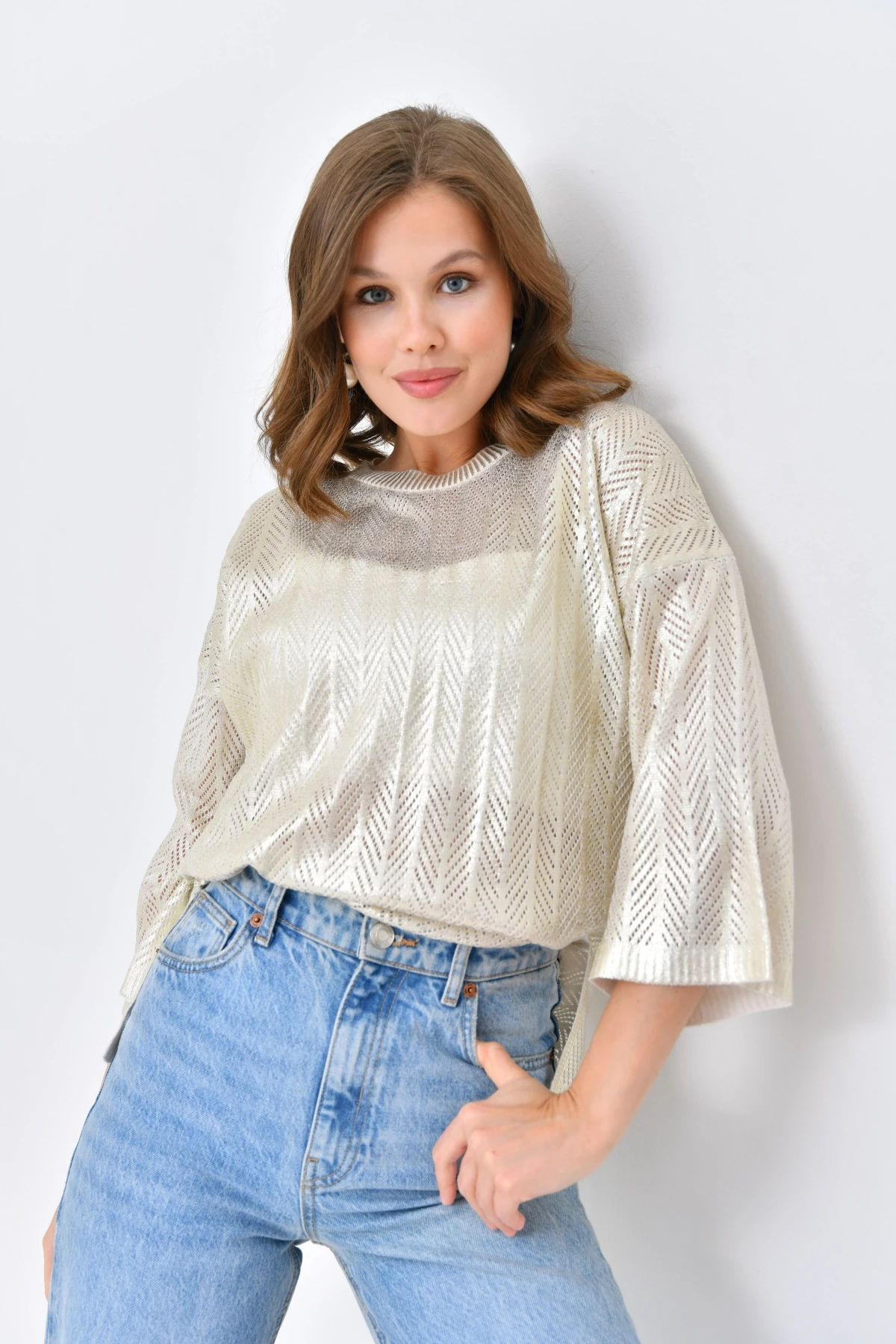 Kadın Bisiklet Yaka Örgü Detay Ajurlu Oversize Triko Kazak 10762