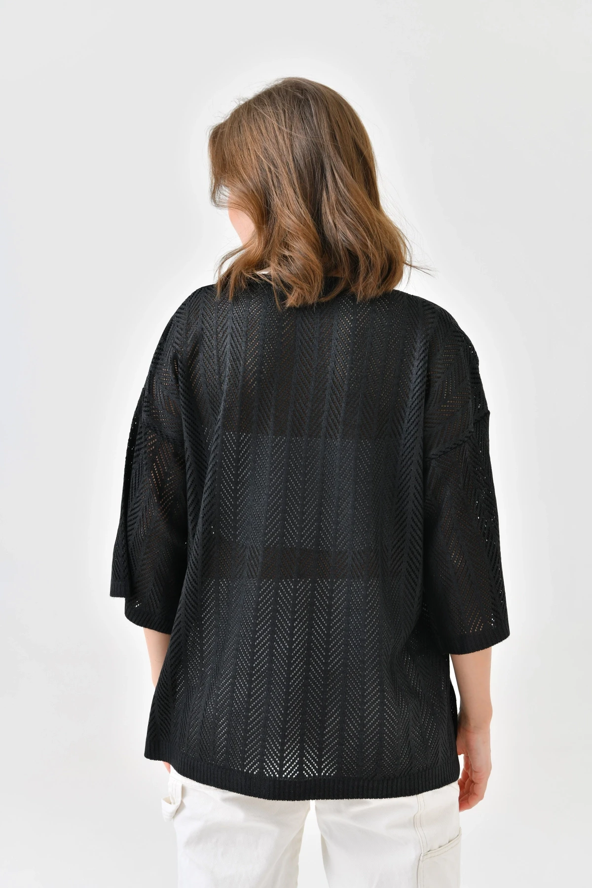 Kadın Bisiklet Yaka Örgü Detay Ajurlu Oversize Triko Kazak 10762