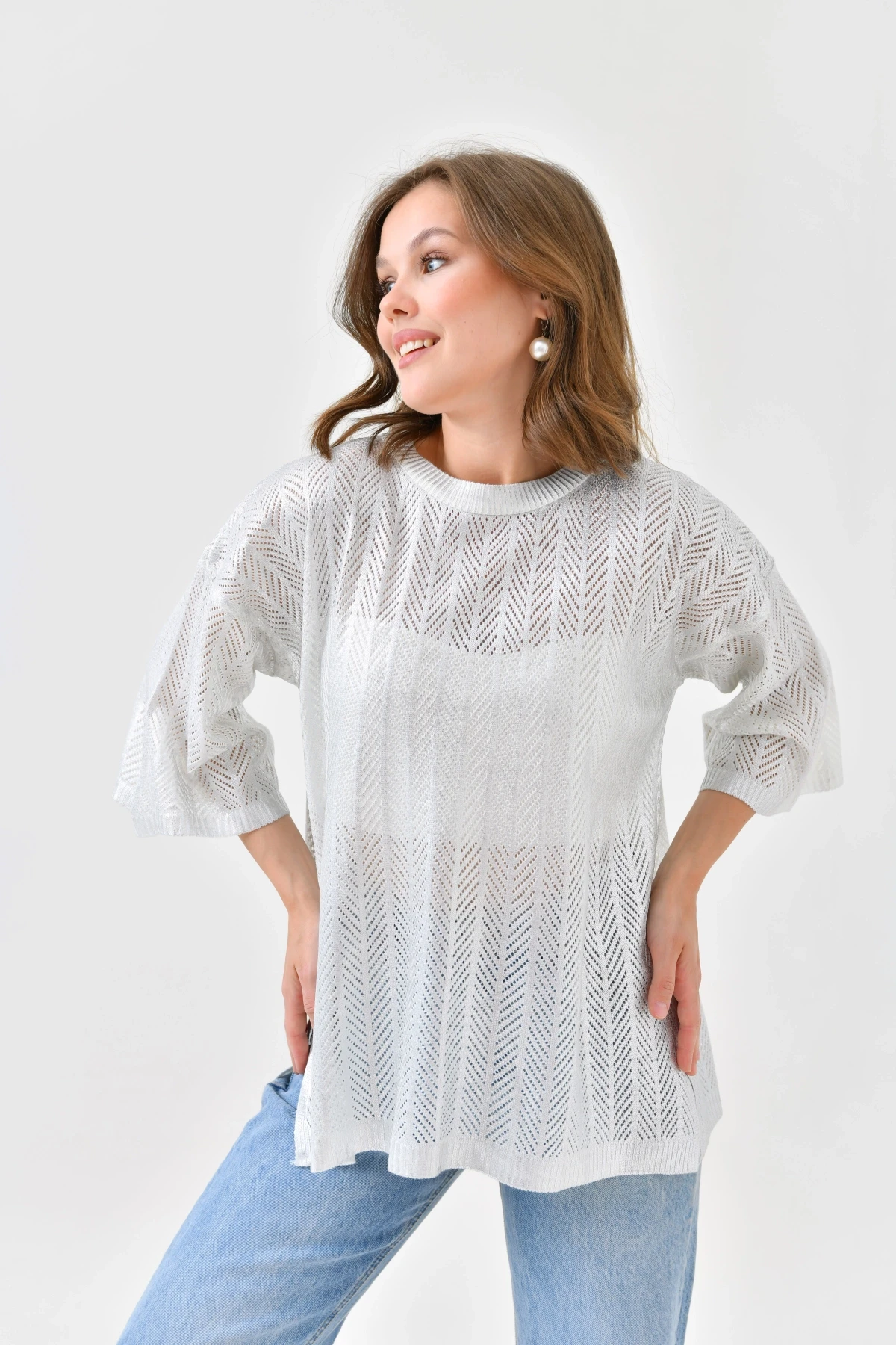 Kadın Bisiklet Yaka Örgü Detay Ajurlu Oversize Triko Kazak 10762