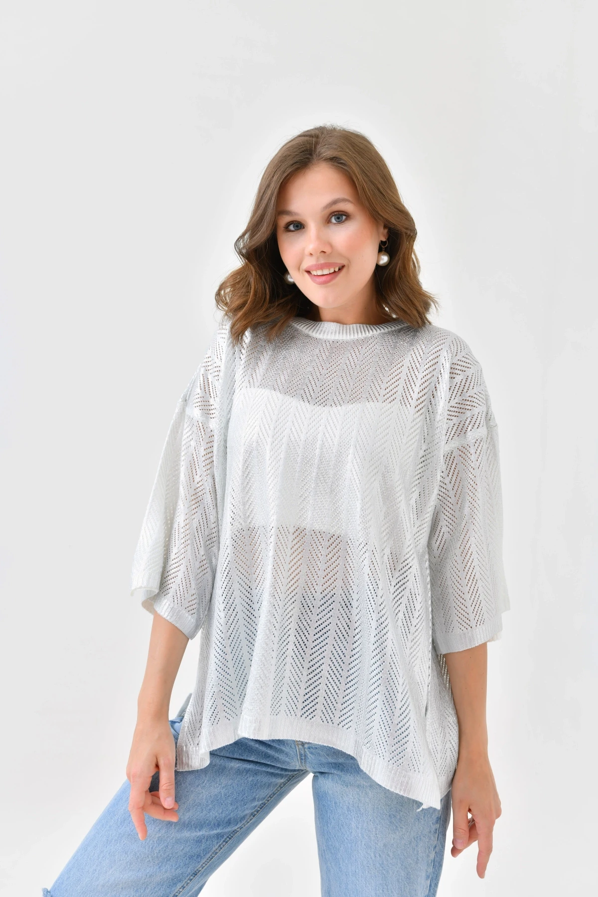 Kadın Bisiklet Yaka Örgü Detay Ajurlu Oversize Triko Kazak 10762