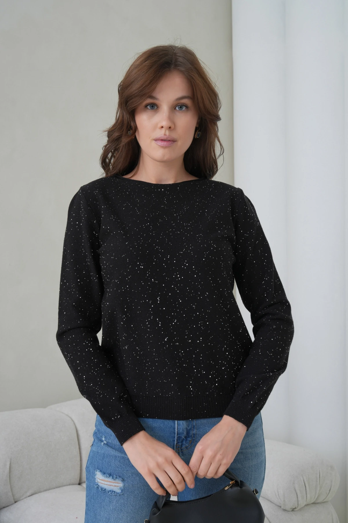 Kadın Bisiklet Yaka Pullu Triko Kazak 12085.Pr