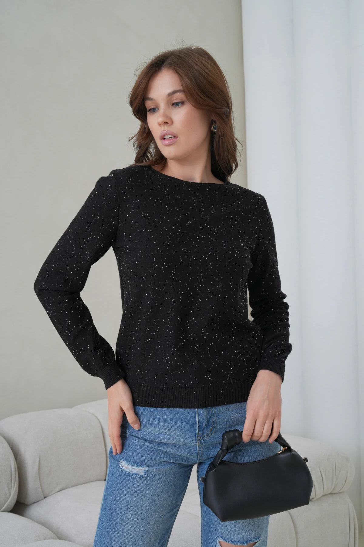 Kadın Bisiklet Yaka Pullu Triko Kazak 12085.Pr