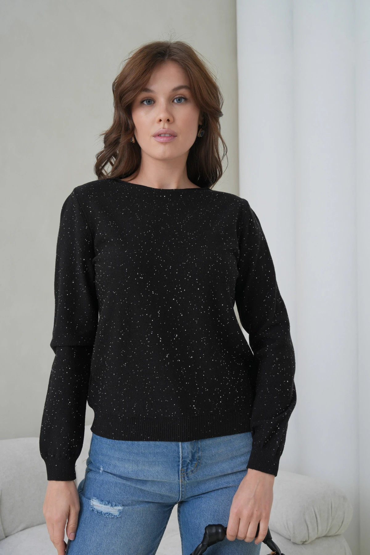 Kadın Bisiklet Yaka Pullu Triko Kazak 12085.Pr