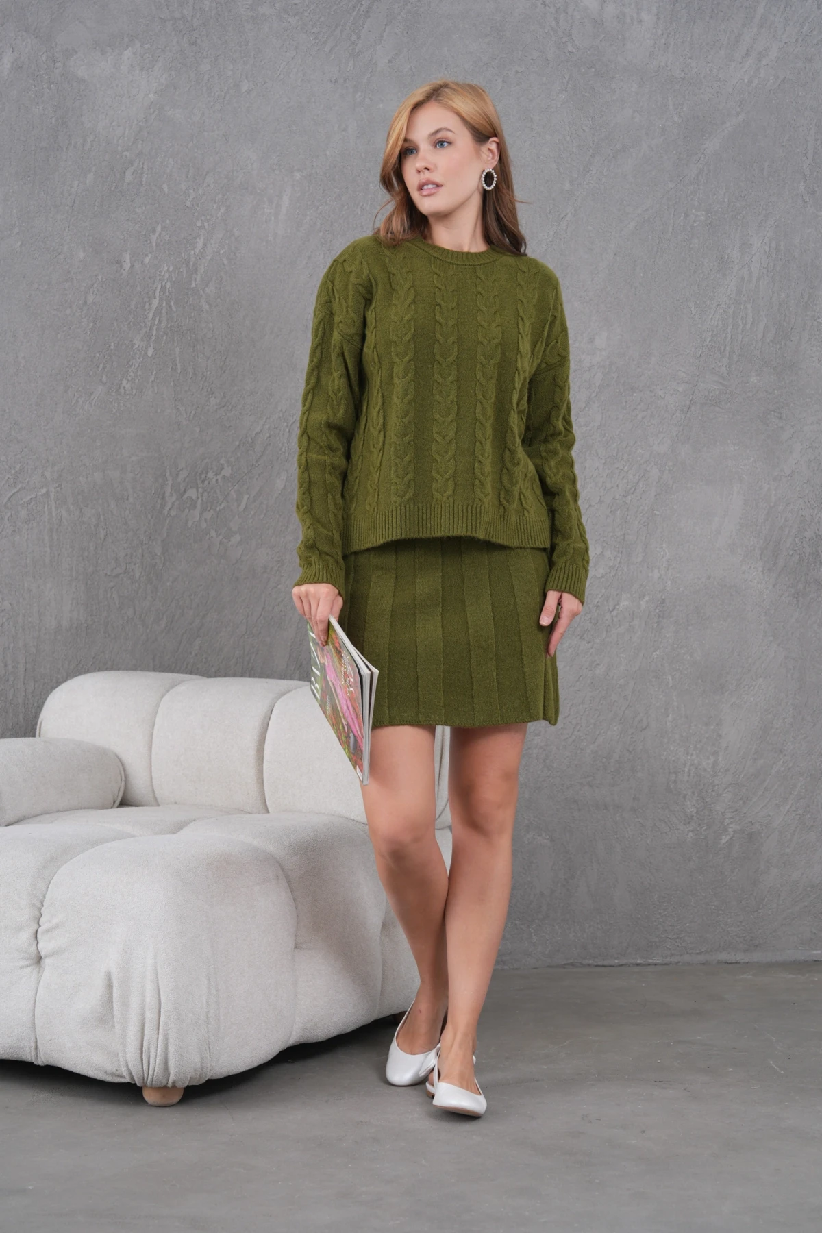 Kadın Bisiklet Yaka Saç Örgü Kazak Etek İkili Triko Takım