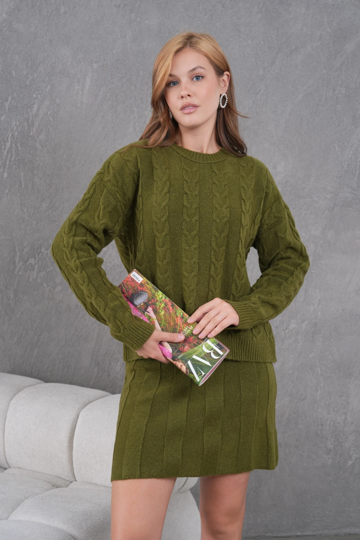 Kadın Bisiklet Yaka Saç Örgü Kazak Etek İkili Triko Takım