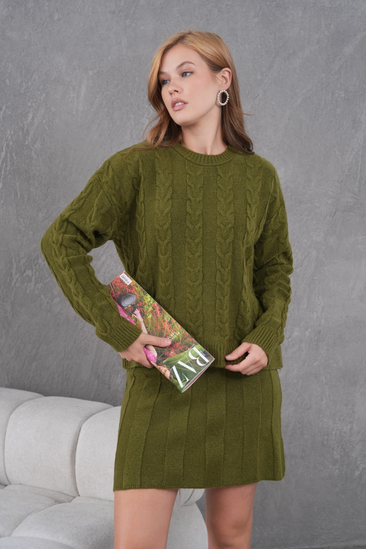 Kadın Bisiklet Yaka Saç Örgü Kazak Etek İkili Triko Takım