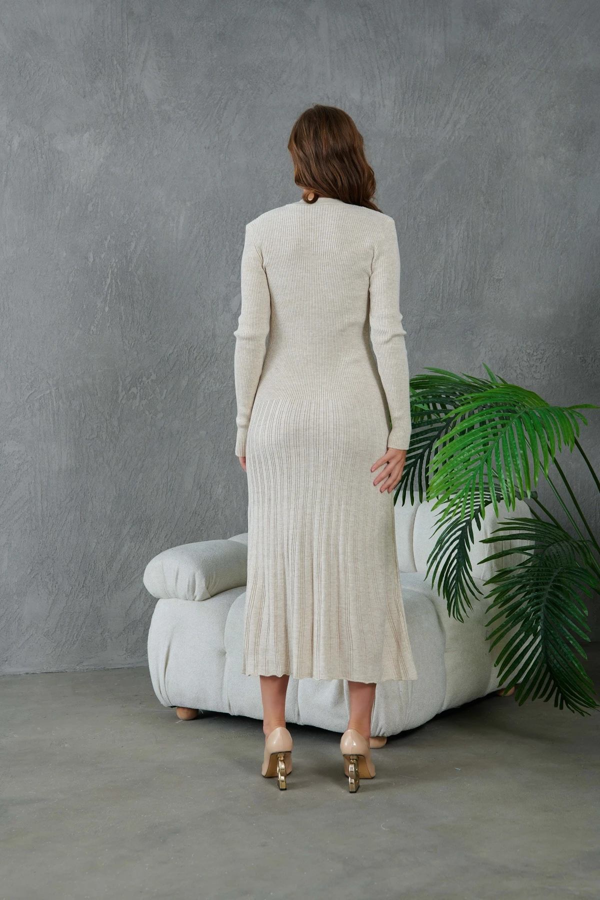 Kadın Bisiklet Yaka Tül Detay Maksi Boy Fitilli Triko Elbise