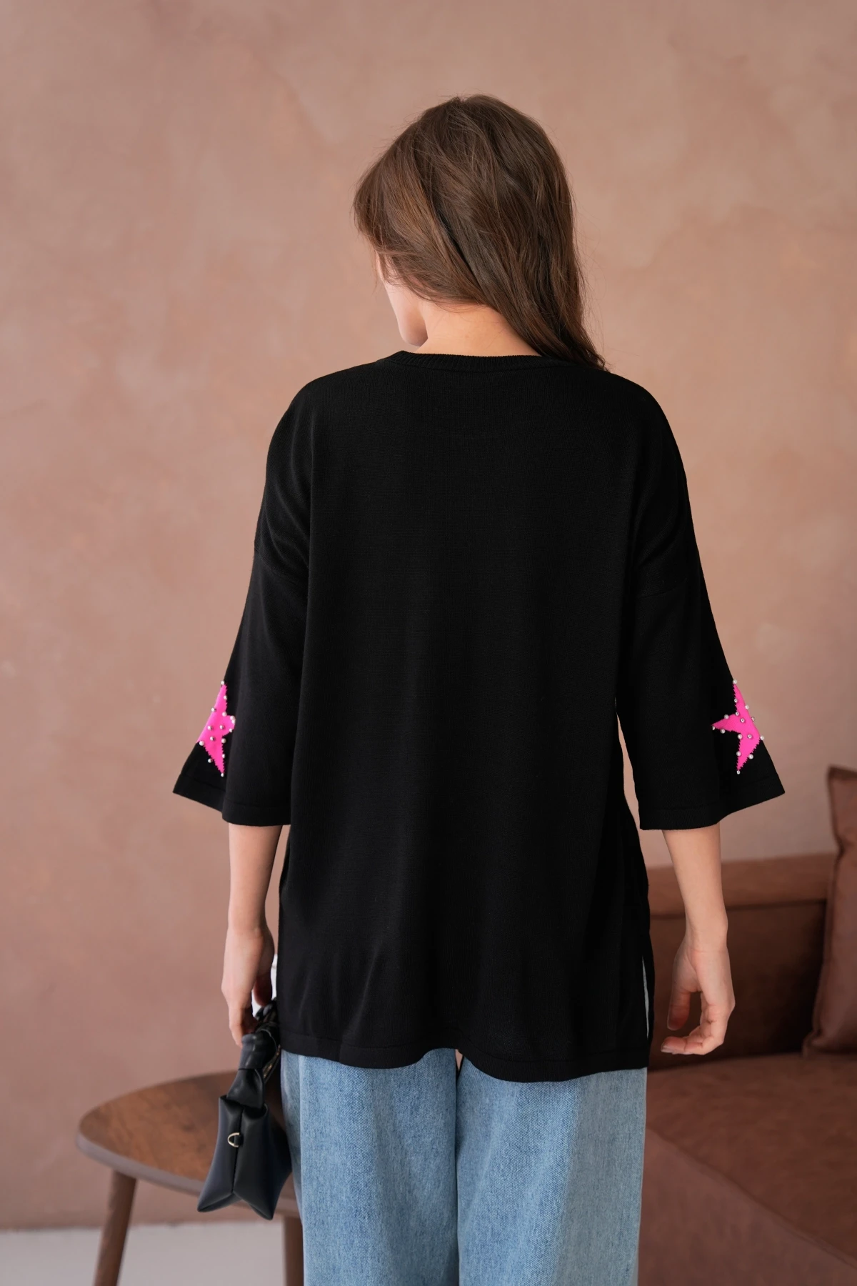 Kadın Bisiklet Yaka Yıldız Desenli İnci İşlemeli Oversize Triko Kazak 12064