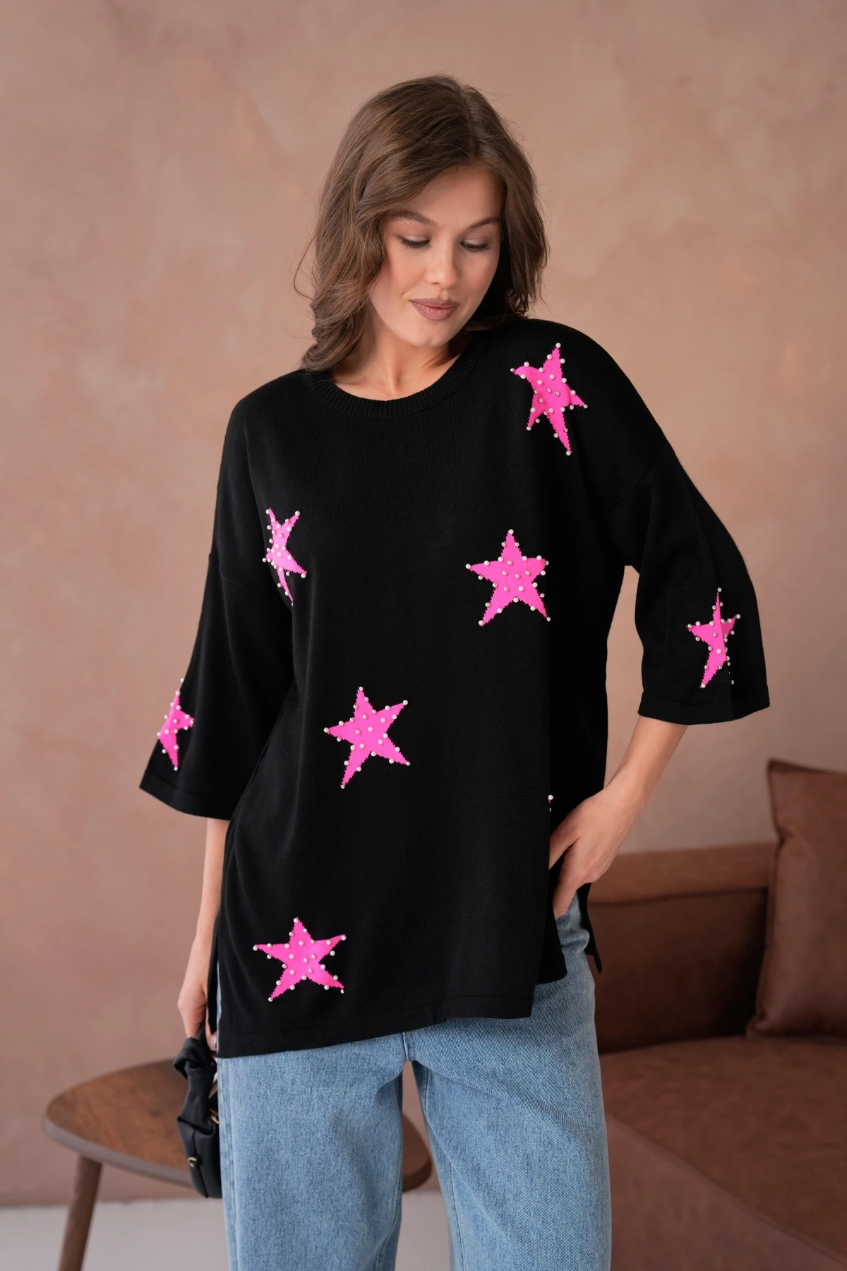 Kadın Bisiklet Yaka Yıldız Desenli İnci İşlemeli Oversize Triko Kazak 12064