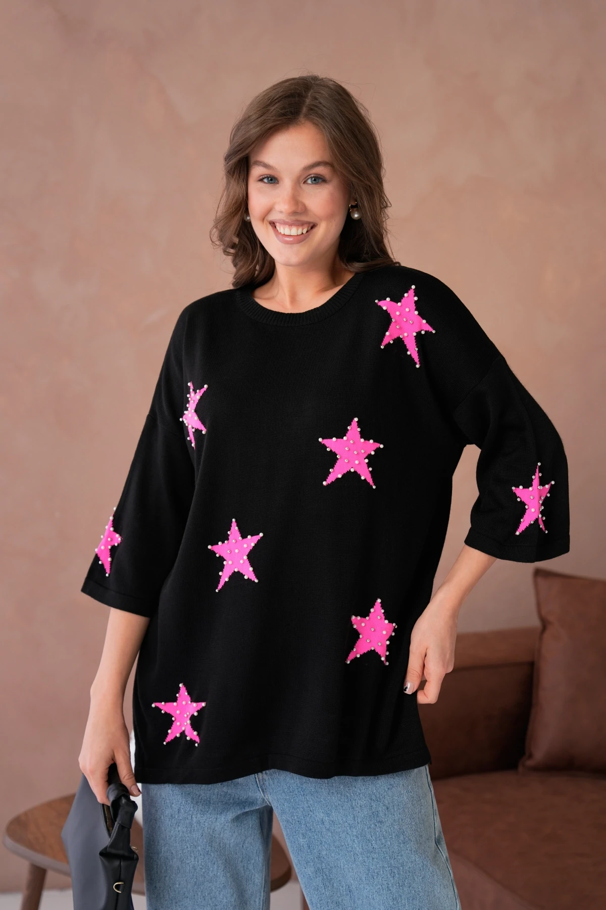 Kadın Bisiklet Yaka Yıldız Desenli İnci İşlemeli Oversize Triko Kazak 12064