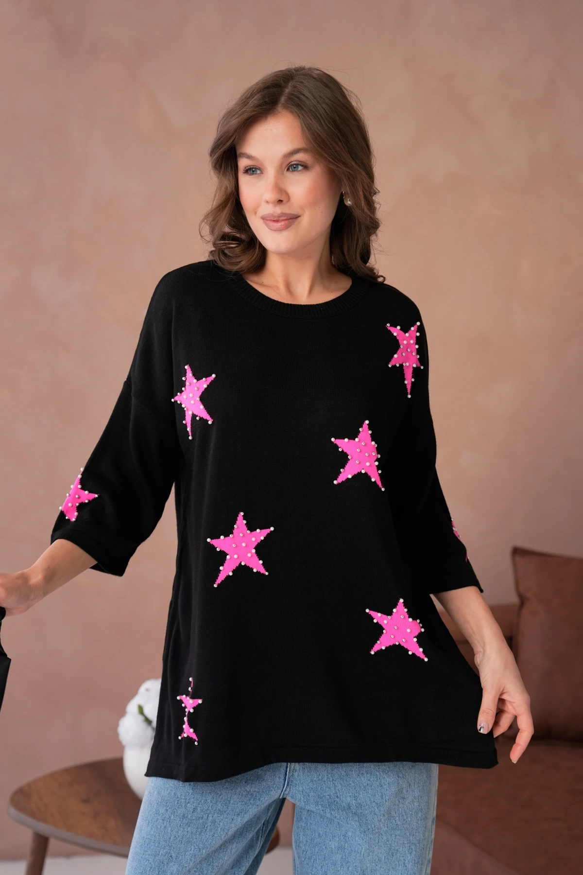 Kadın Bisiklet Yaka Yıldız Desenli İnci İşlemeli Oversize Triko Kazak 12064