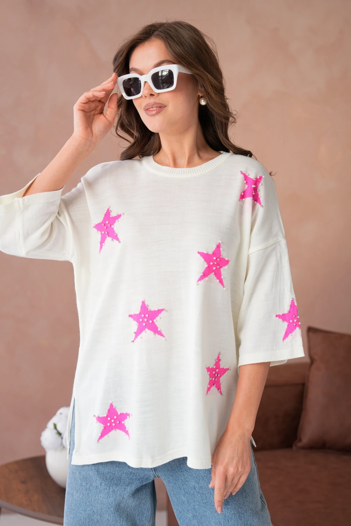 Kadın Bisiklet Yaka Yıldız Desenli İnci İşlemeli Oversize Triko Kazak 12064