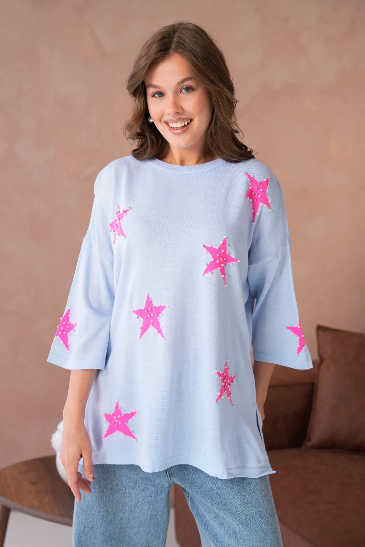 Kadın Bisiklet Yaka Yıldız Desenli İnci İşlemeli Oversize Triko Kazak 12064