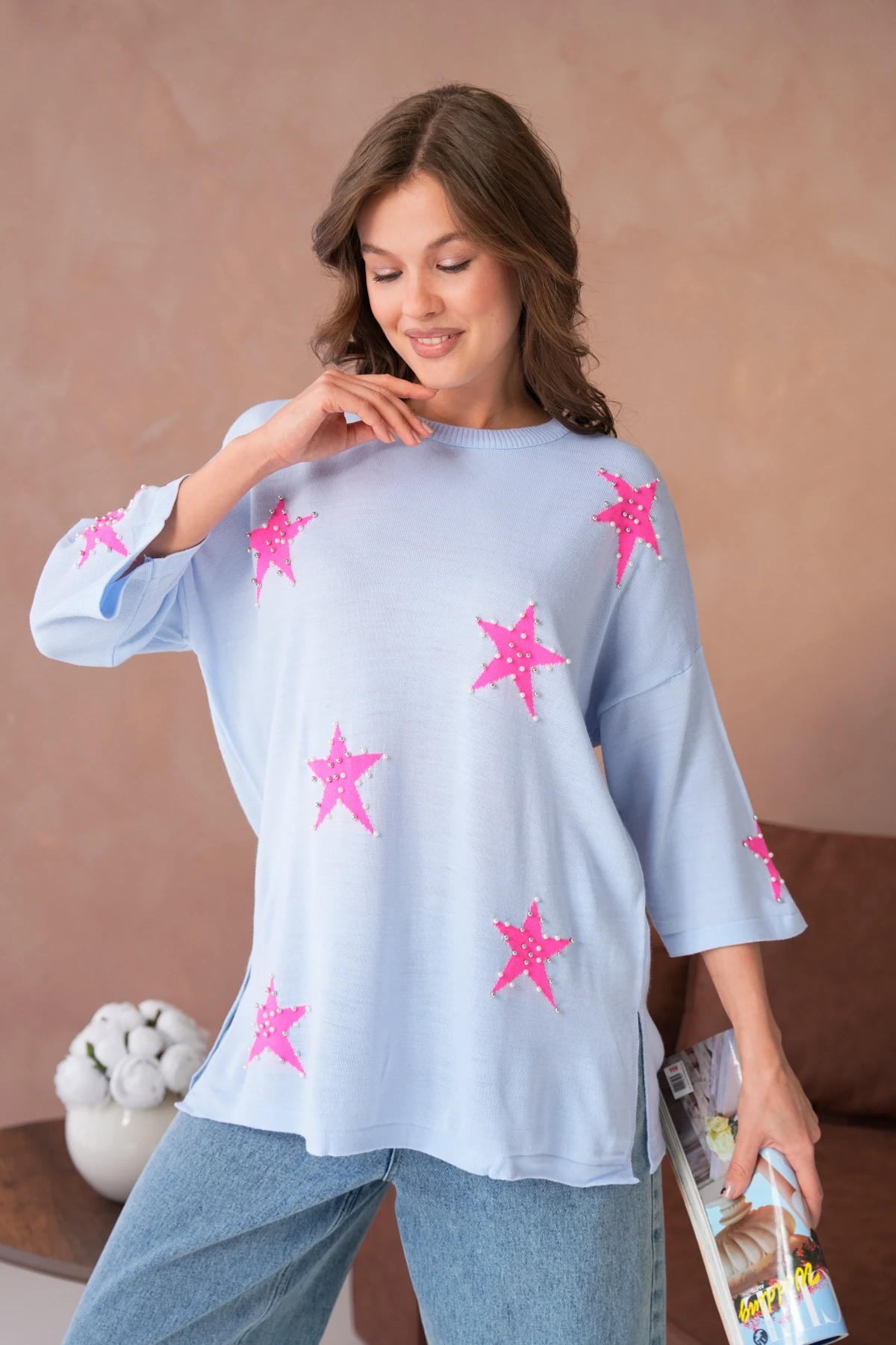 Kadın Bisiklet Yaka Yıldız Desenli İnci İşlemeli Oversize Triko Kazak 12064