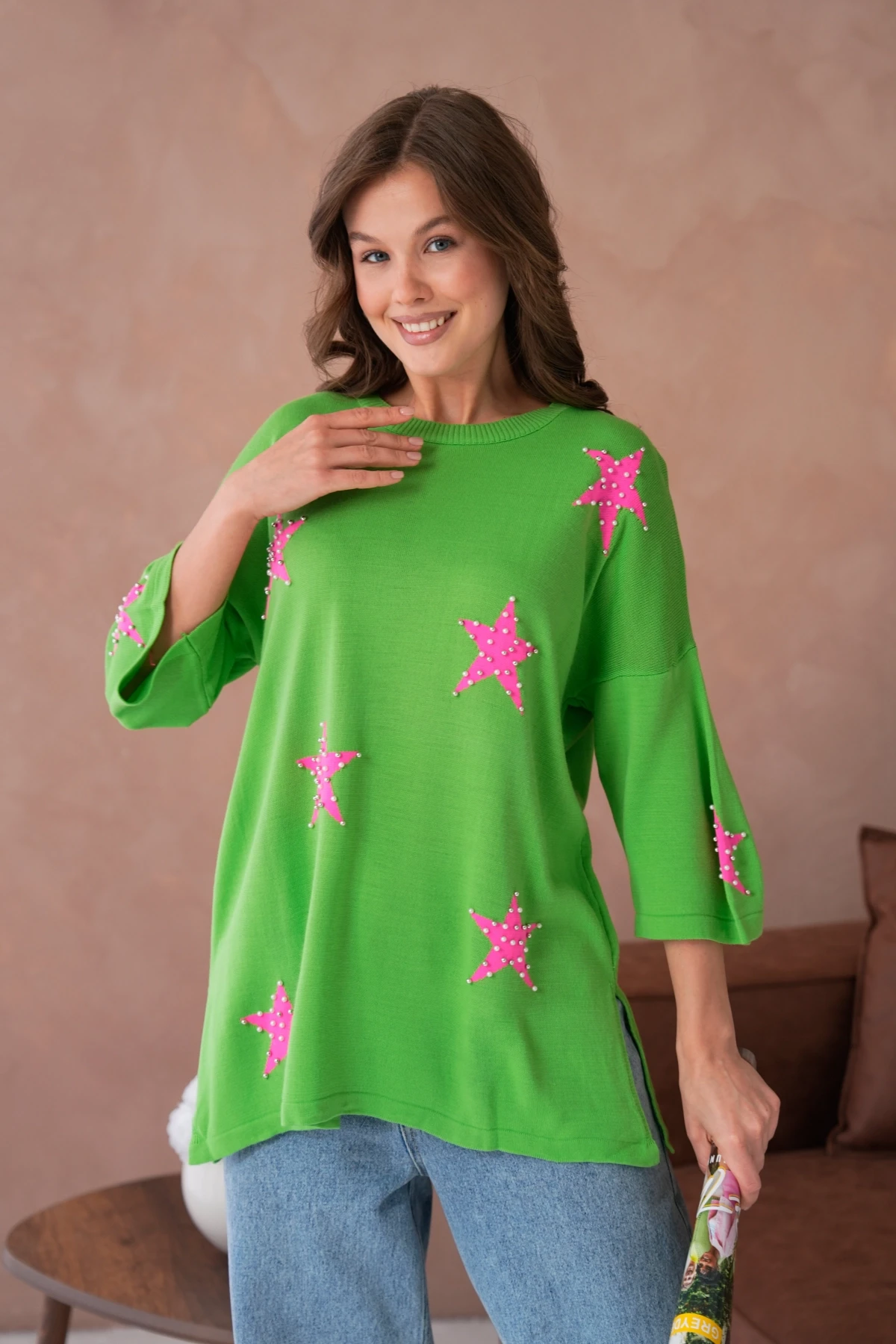 Kadın Bisiklet Yaka Yıldız Desenli İnci İşlemeli Oversize Triko Kazak 12064