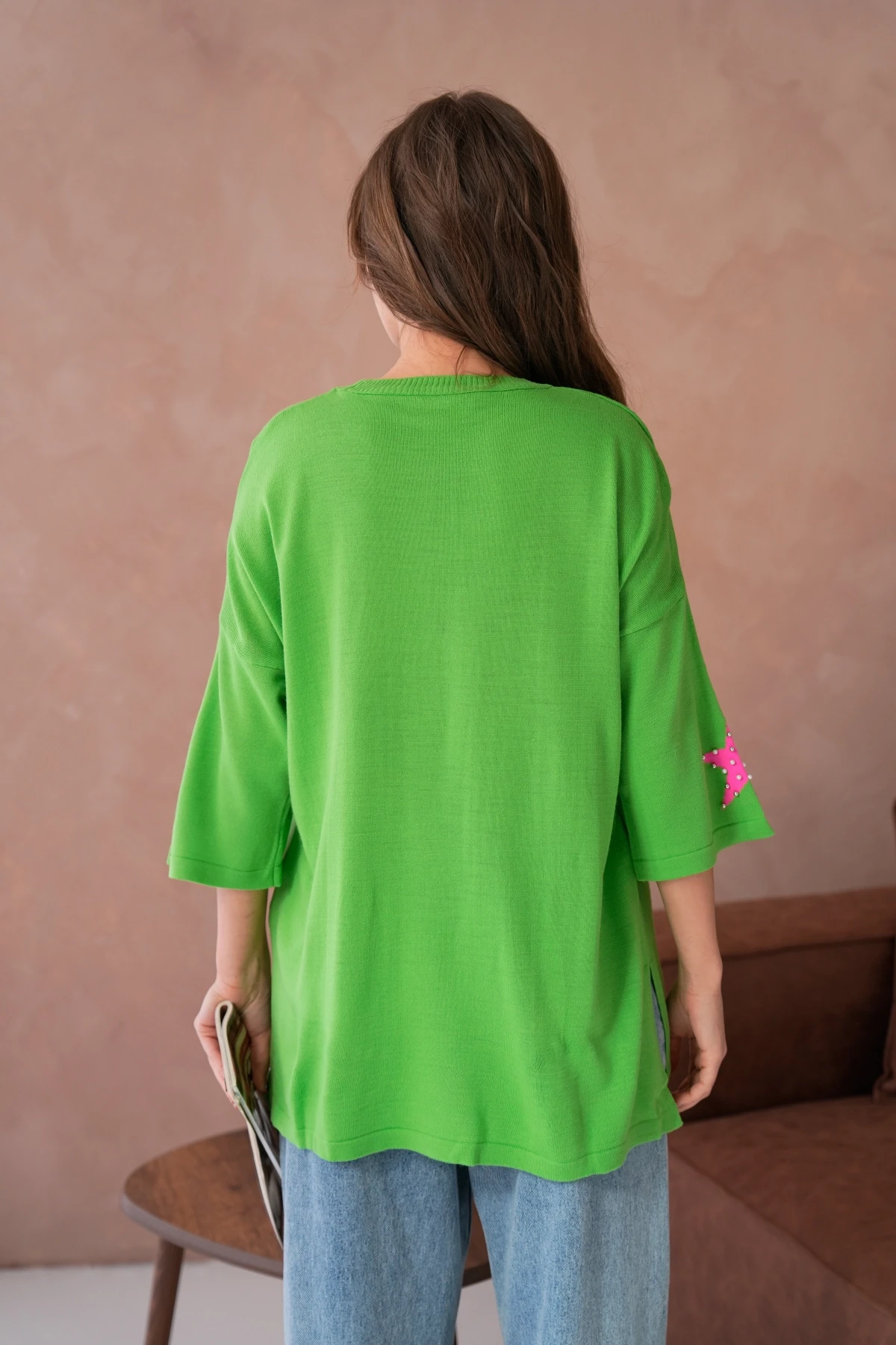 Kadın Bisiklet Yaka Yıldız Desenli İnci İşlemeli Oversize Triko Kazak 12064