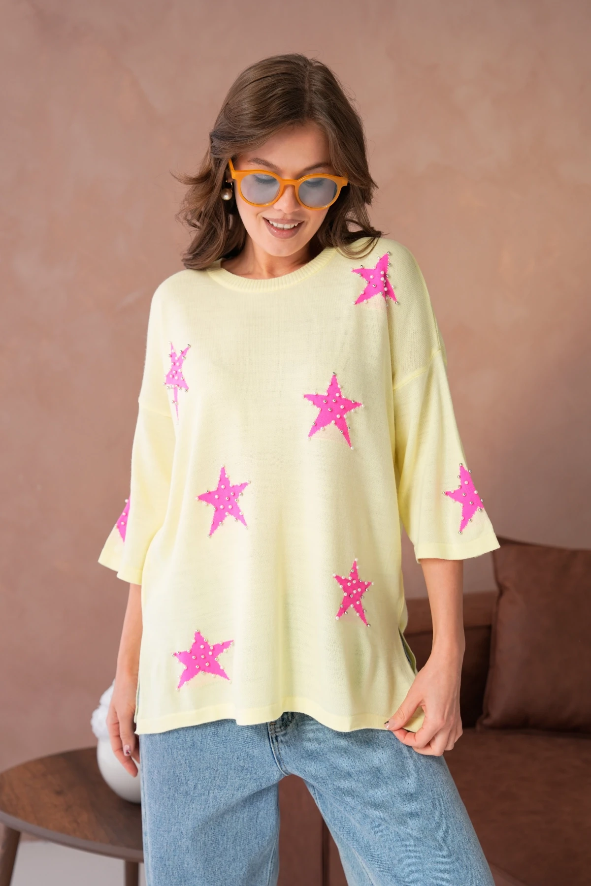 Kadın Bisiklet Yaka Yıldız Desenli İnci İşlemeli Oversize Triko Kazak 12064