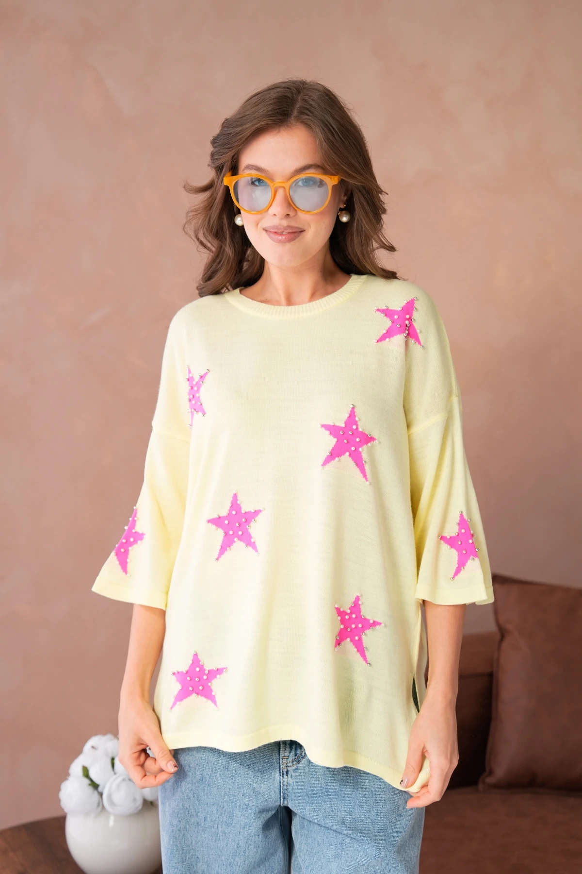 Kadın Bisiklet Yaka Yıldız Desenli İnci İşlemeli Oversize Triko Kazak 12064