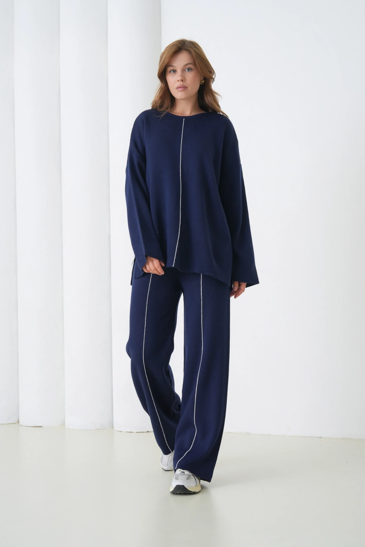 Kadın Bisiklet Yaka Yırtmaçlı Oversize Kazak Pantolon İkili Triko Takım