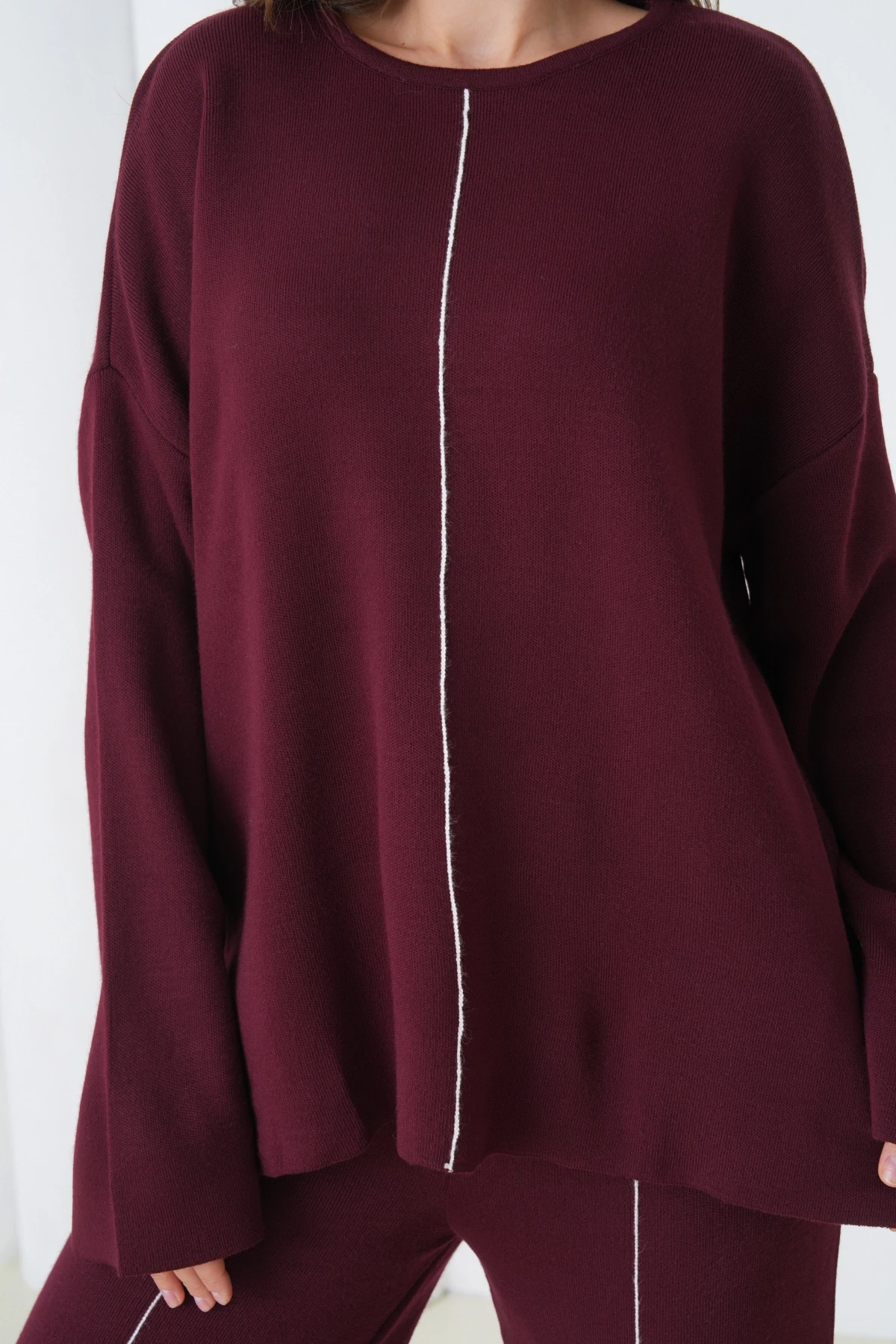 Kadın Bisiklet Yaka Yırtmaçlı Oversize Kazak Pantolon İkili Triko Takım