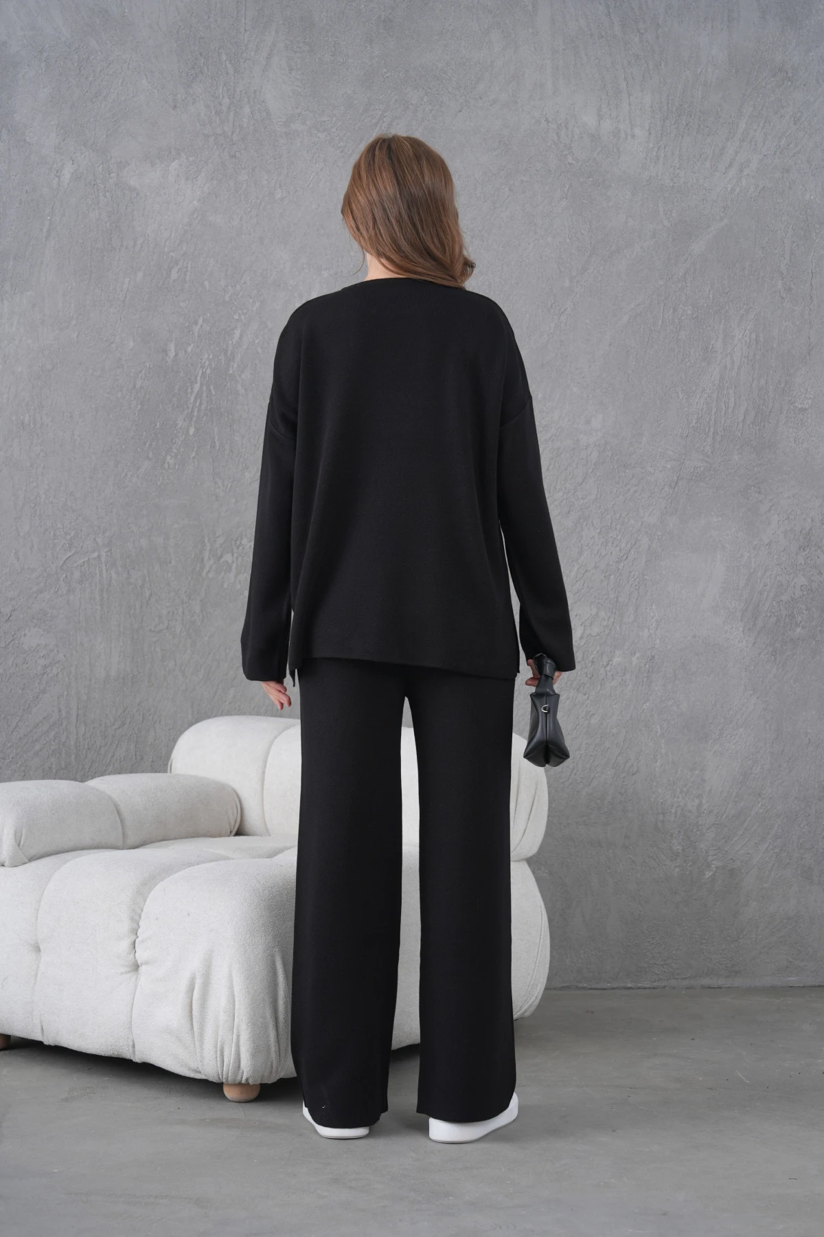 Kadın Bisiklet Yaka Yırtmaçlı Oversize Kazak Pantolon İkili Triko Takım