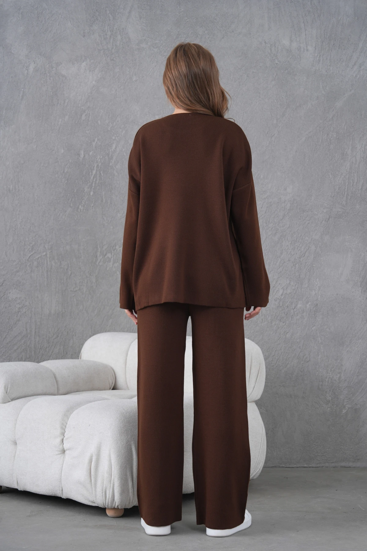 Kadın Bisiklet Yaka Yırtmaçlı Oversize Kazak Pantolon İkili Triko Takım