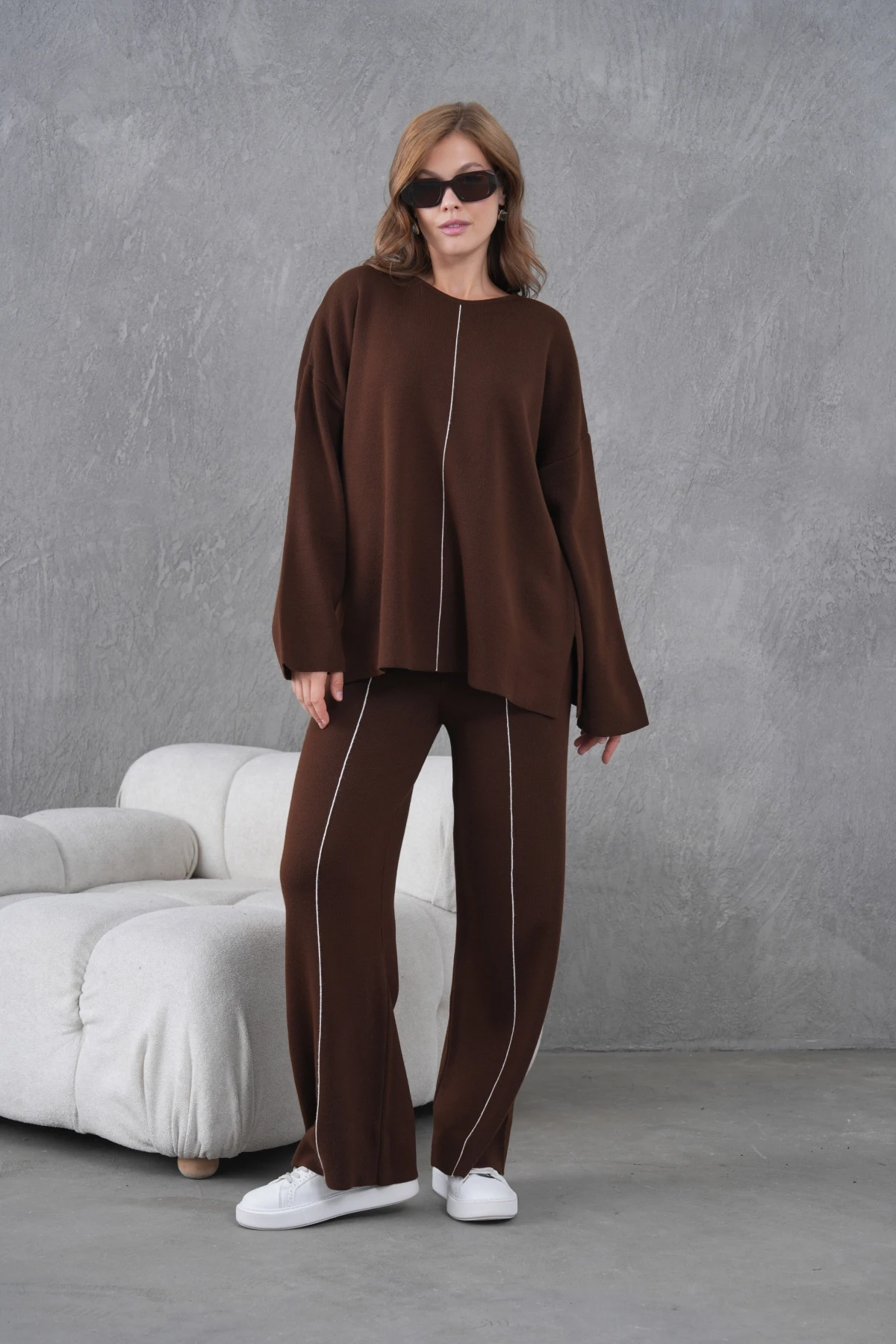 Kadın Bisiklet Yaka Yırtmaçlı Oversize Kazak Pantolon İkili Triko Takım