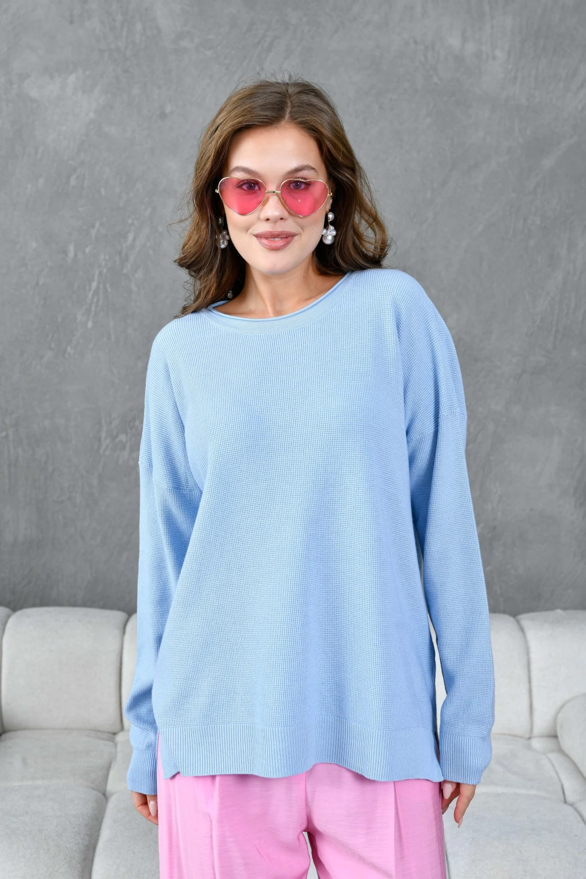 Kadın Bisiklet Yaka Yırtmaçlı Oversize Triko Kazak