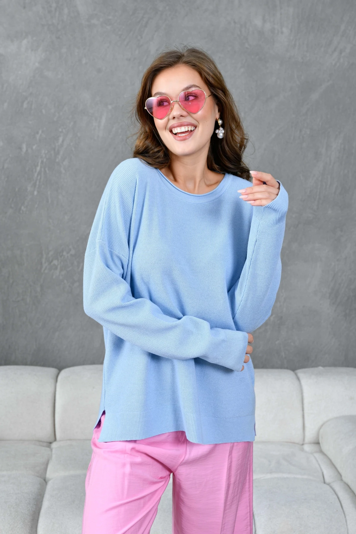 Kadın Bisiklet Yaka Yırtmaçlı Oversize Triko Kazak