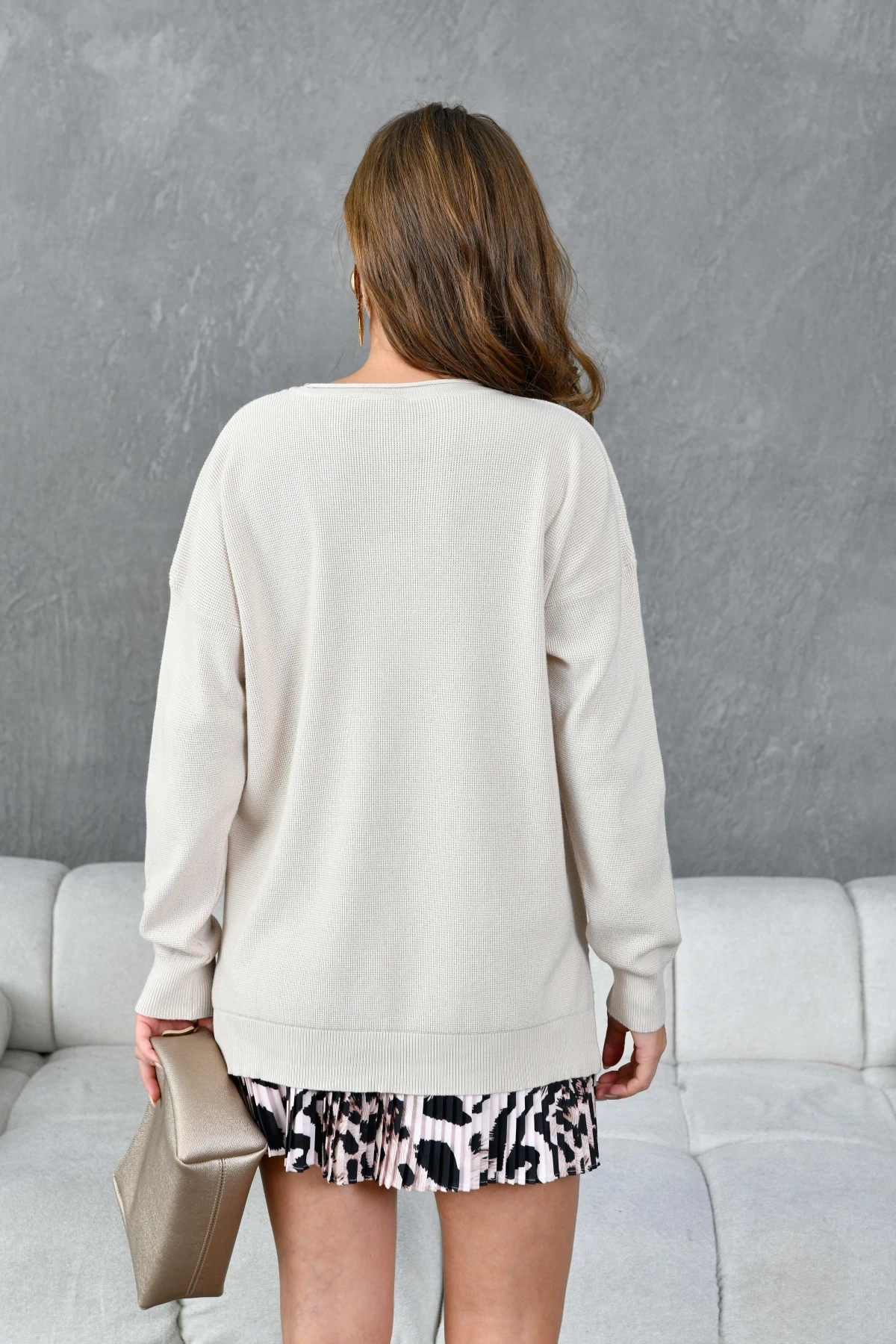 Kadın Bisiklet Yaka Yırtmaçlı Oversize Triko Kazak