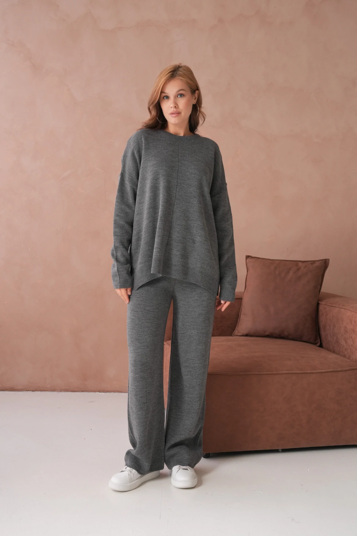 Kadın Bisiklet Yaka Yırtmaçlı Kazak Pantolon İkili Triko Takım